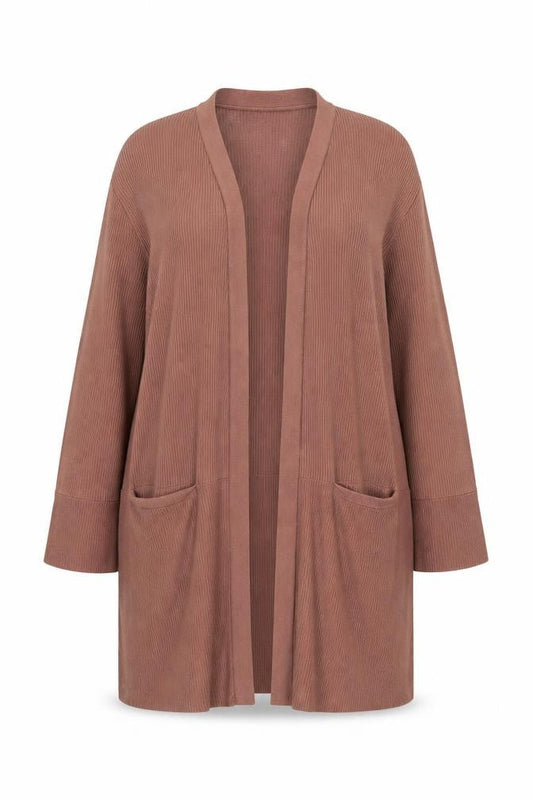 Front view of ASOS Women’s Brown Long Cardigan, size UK 18, Knit Open Front