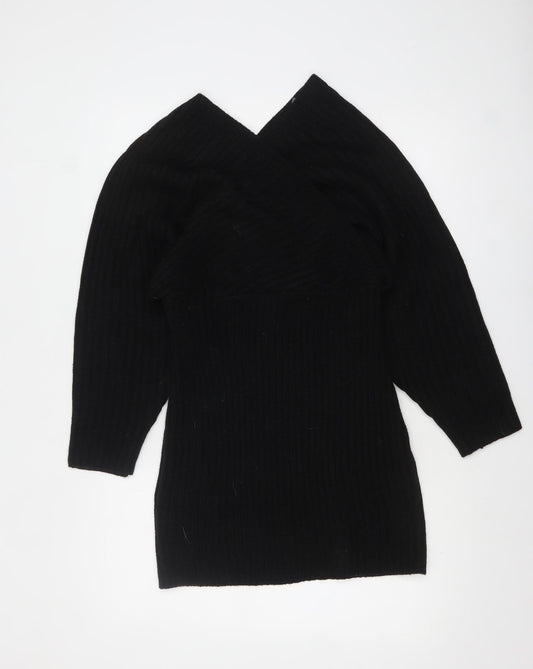 Boohoo Women Black Bodycon Knit Dress V-Neck 3/4 Sleeve M