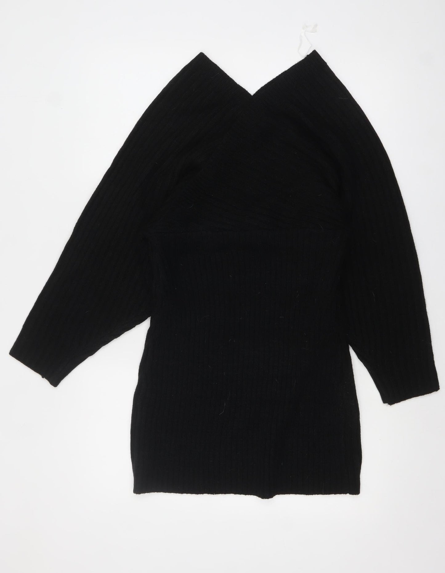 Boohoo Women Black Bodycon Knit Dress V-Neck 3/4 Sleeve M