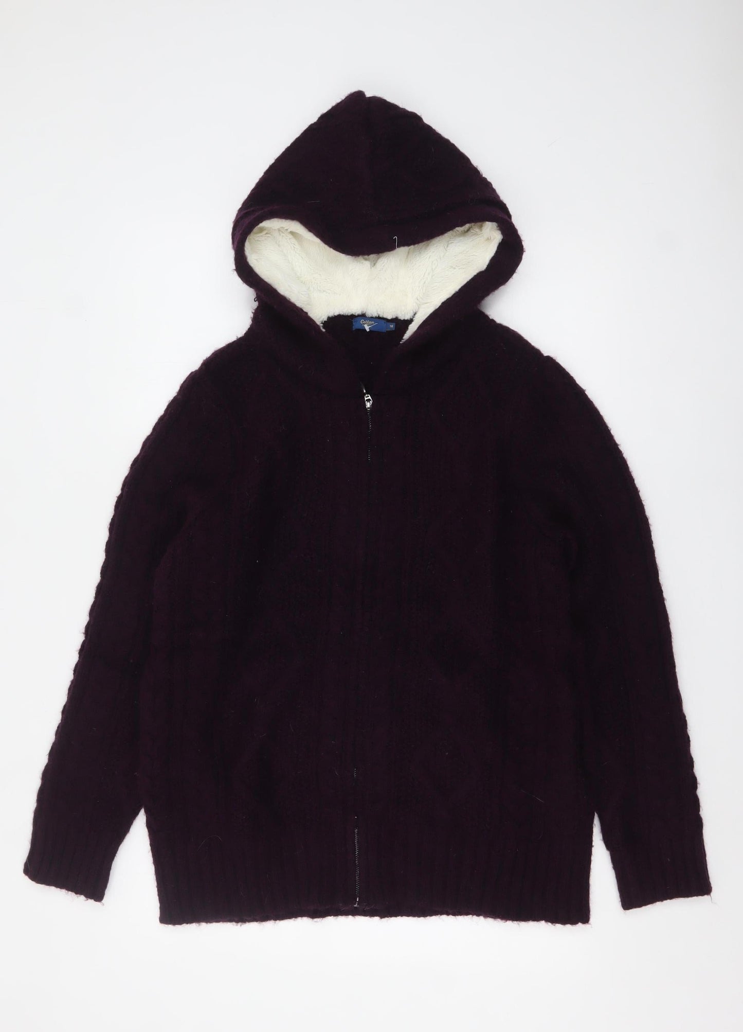 Cotton Traders Women’s Purple Hooded Cable Knit Full Zip Jumper Size 16