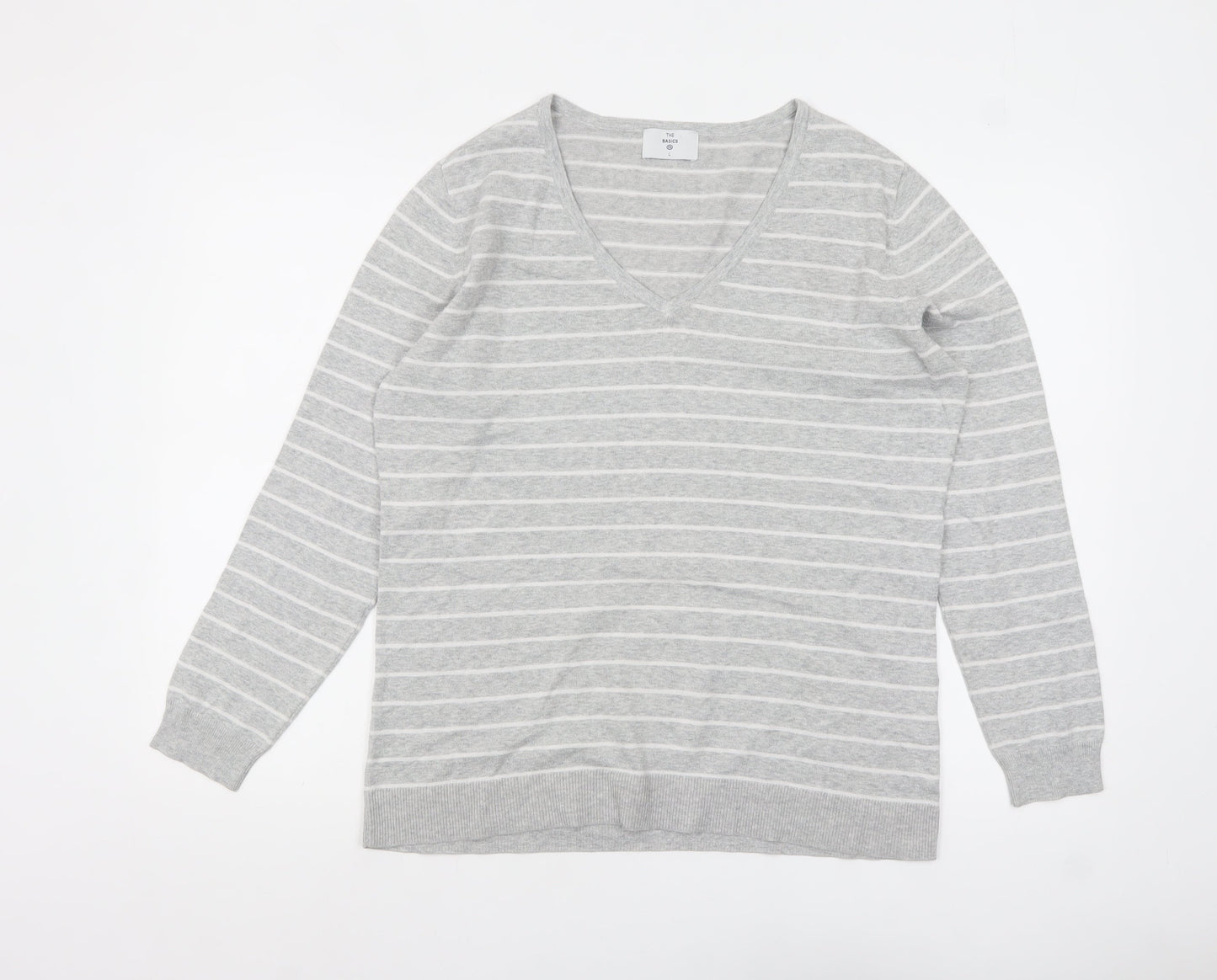 C&A Women Grey Striped V-Neck Cotton Knit Jumper L