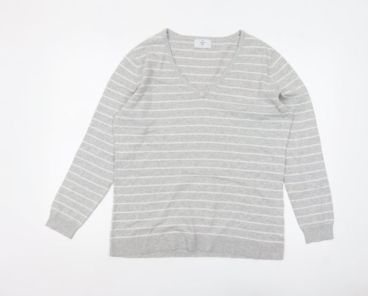 C&A Women Grey Striped V-Neck Cotton Knit Jumper L