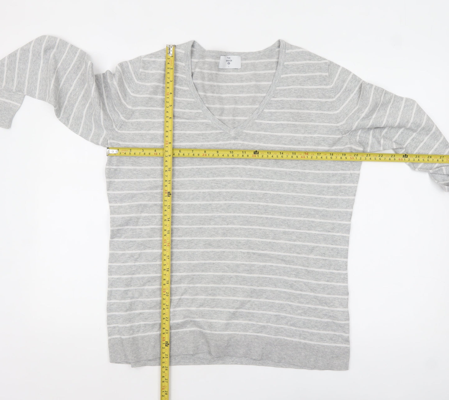 C&A Women Grey Striped V-Neck Cotton Knit Jumper L