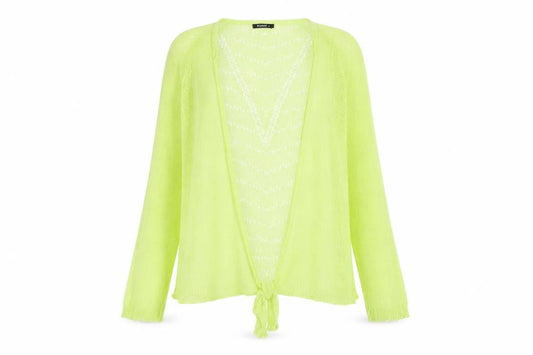Front view of Roman women’s yellow open knit long sleeve cardigan, size UK 14