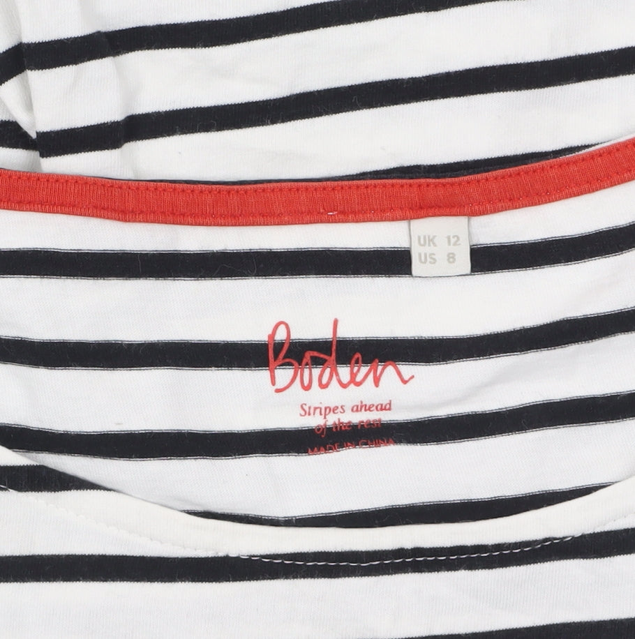 Boden Women's White Black Striped Long Sleeve Cotton T-Shirt UK12