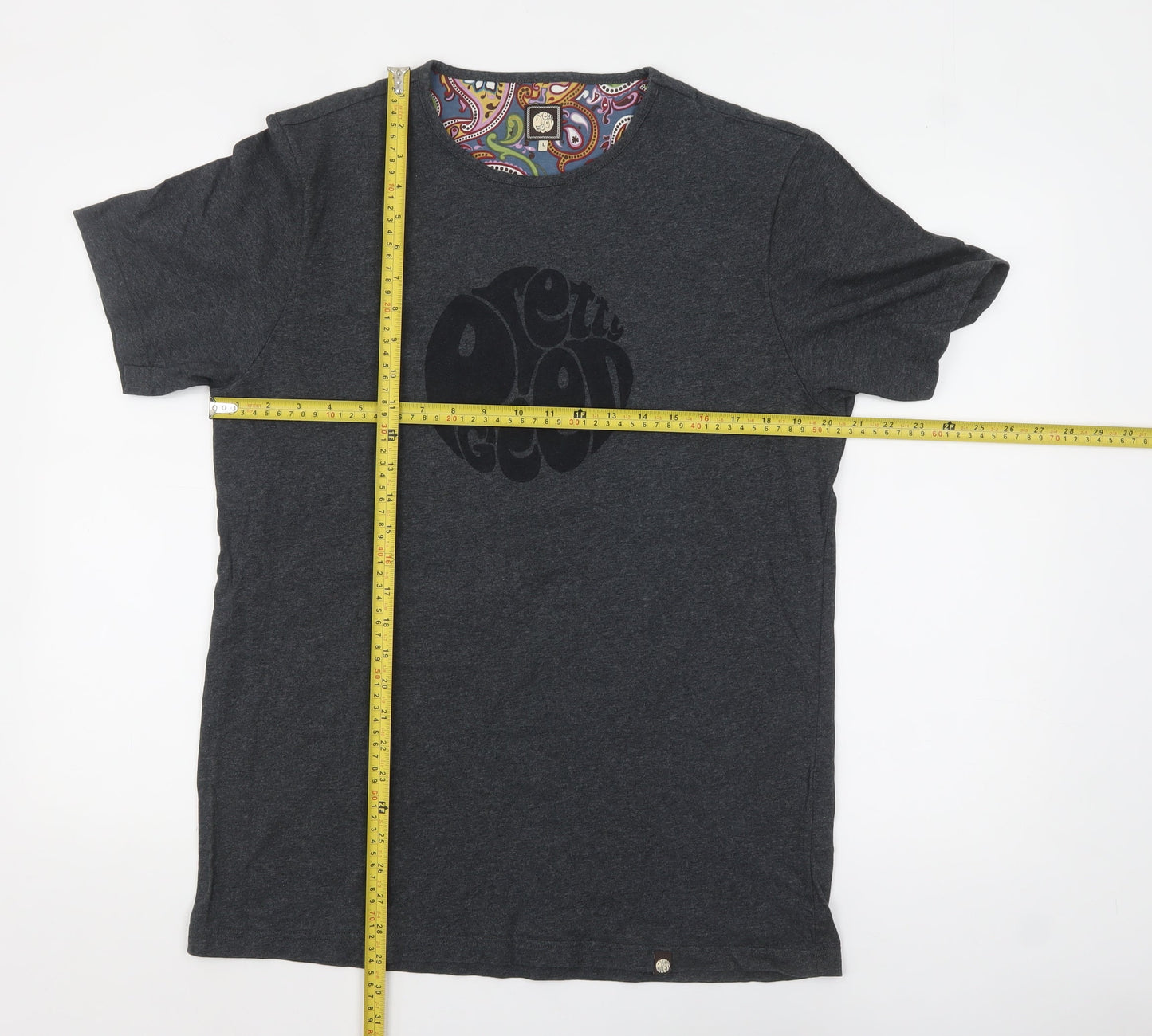 Pretty Green Men's Charcoal Cotton Crew Neck T-Shirt L Retro Paisley Trim