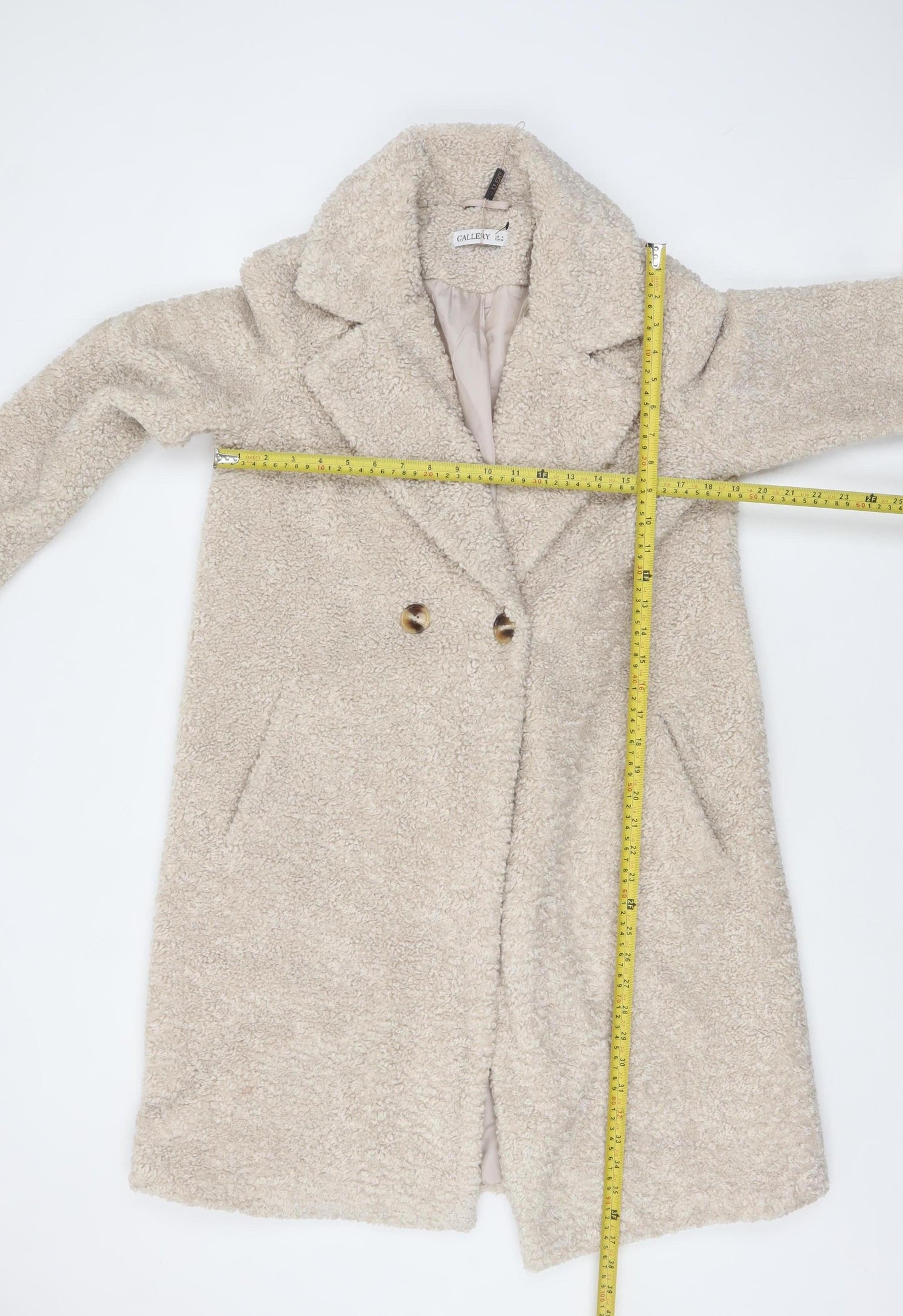 Gallery Womens Beige Long Teddy Fleece Overcoat Size 8