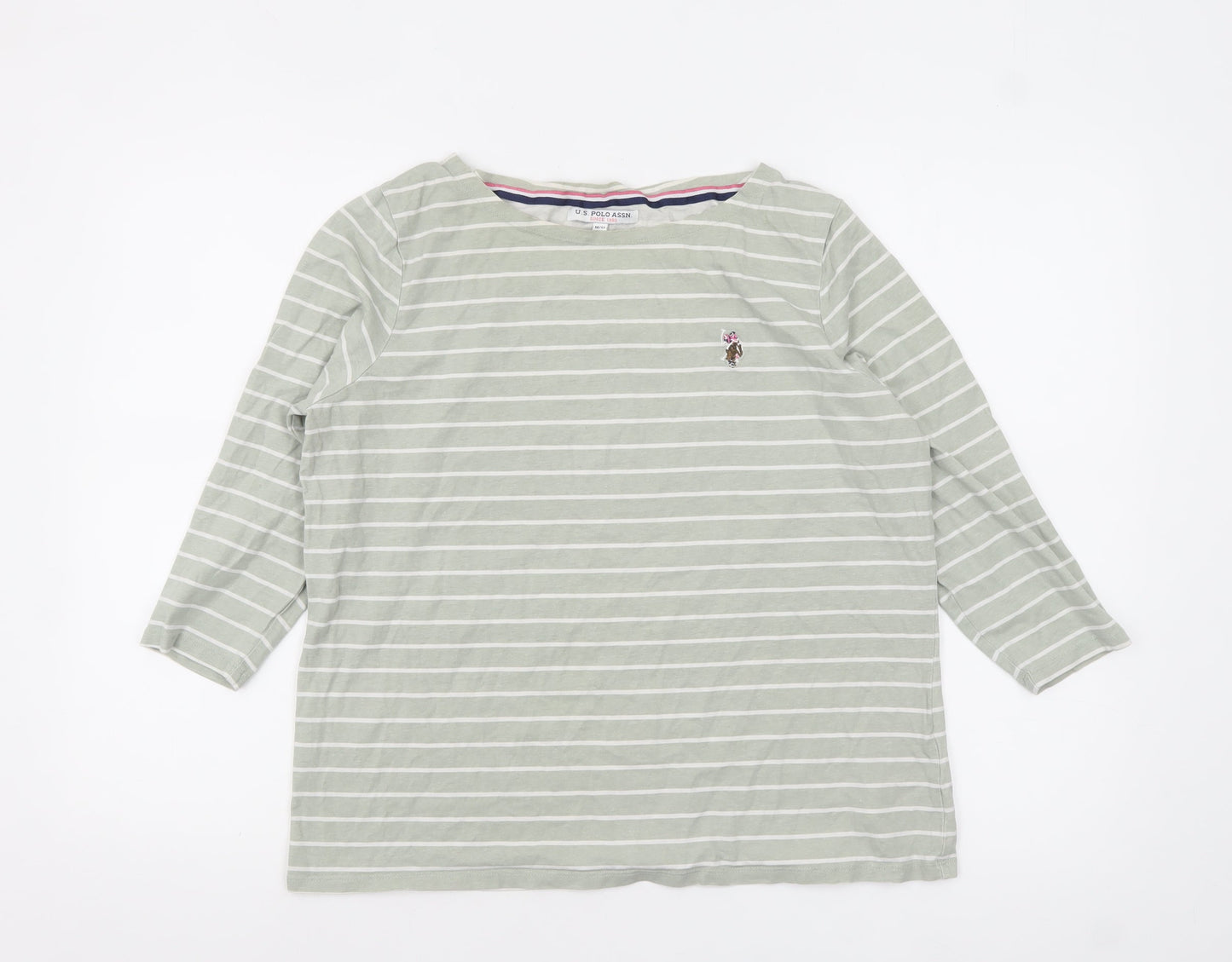 U.S. Polo Assn. Womens Green Striped 3/4 Sleeve Cotton T-Shirt M