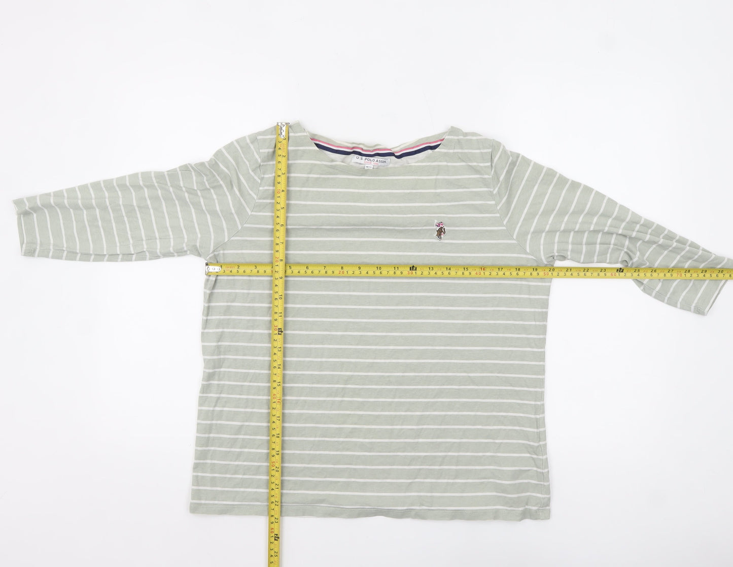U.S. Polo Assn. Womens Green Striped 3/4 Sleeve Cotton T-Shirt M
