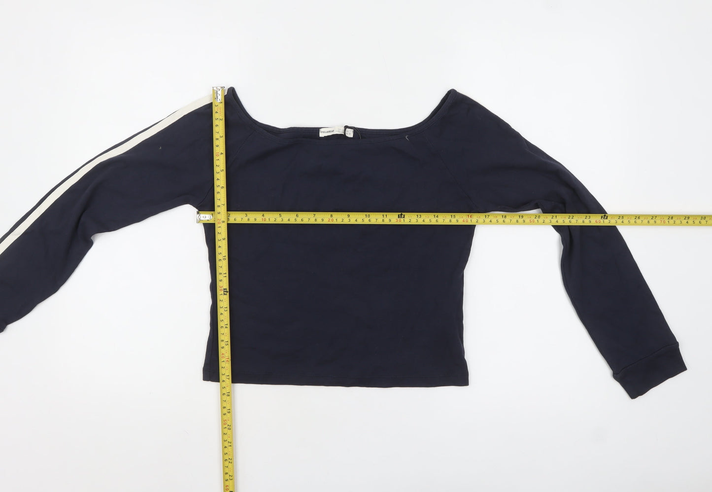 Pull&Bear Women's Blue Off Shoulder Cropped Long Sleeve Top Size L