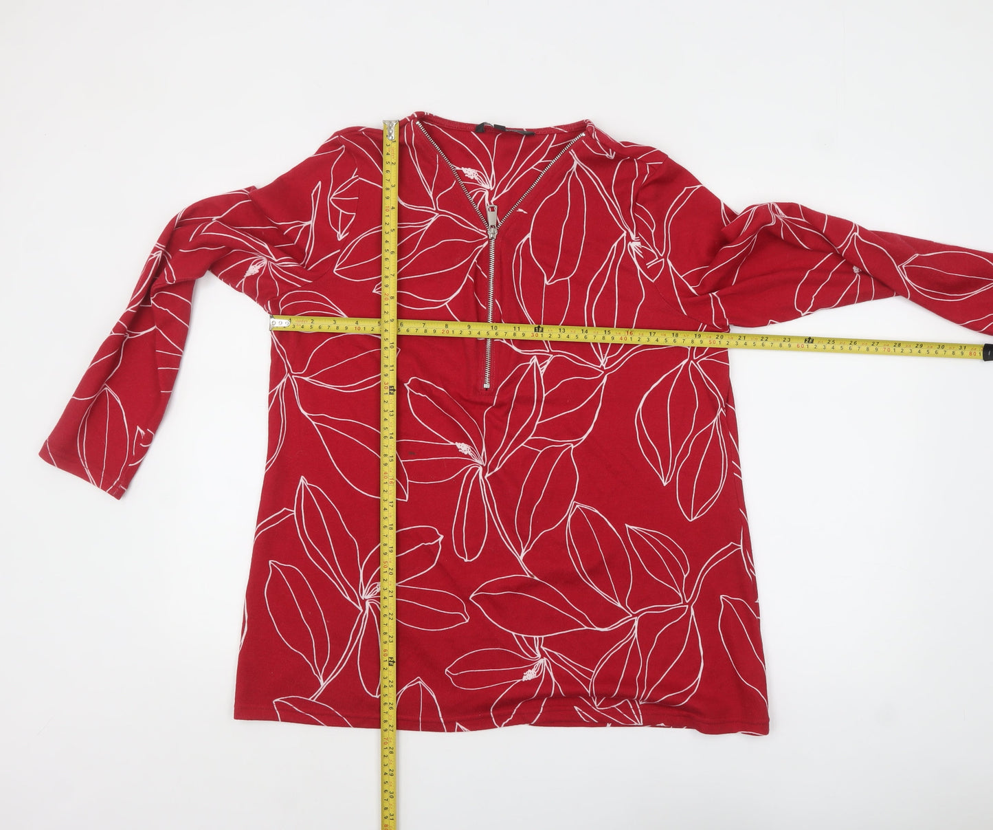 Love Leisure Women Red Floral Long Sleeve Zip Tunic Top Size 16