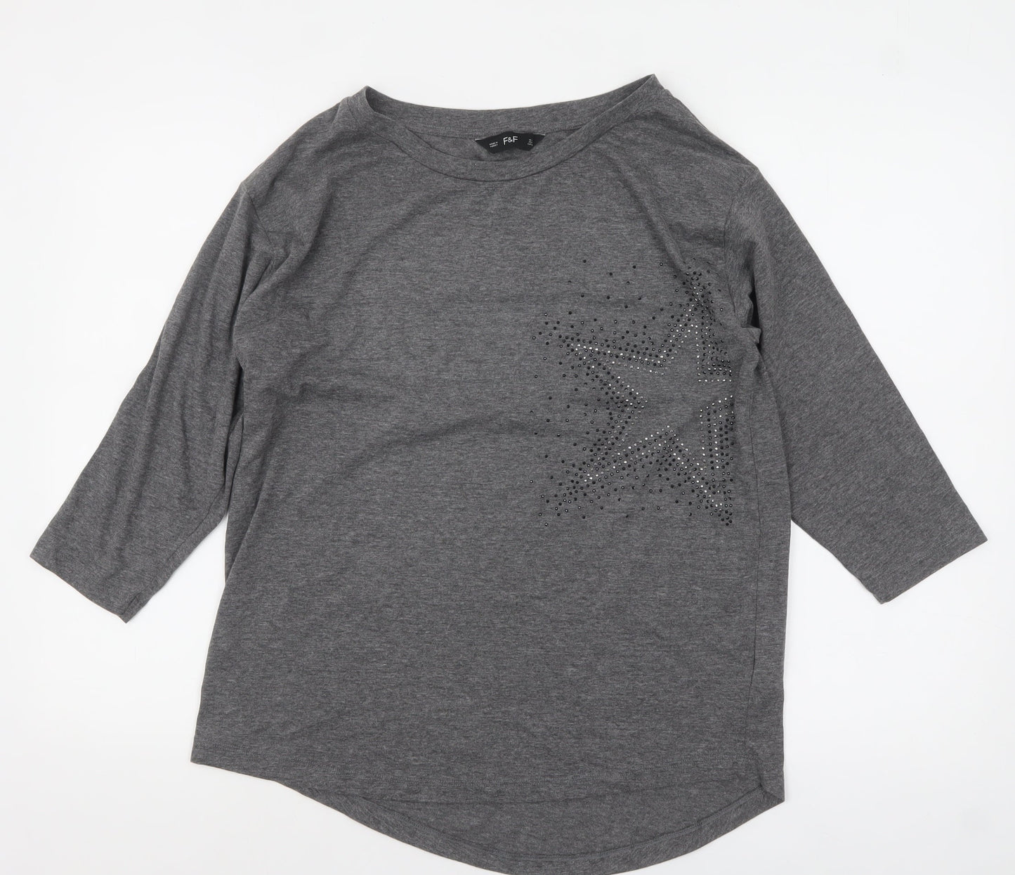 F&F Women’s Grey Rhinestone Star 3/4 Sleeve T-Shirt Size 12