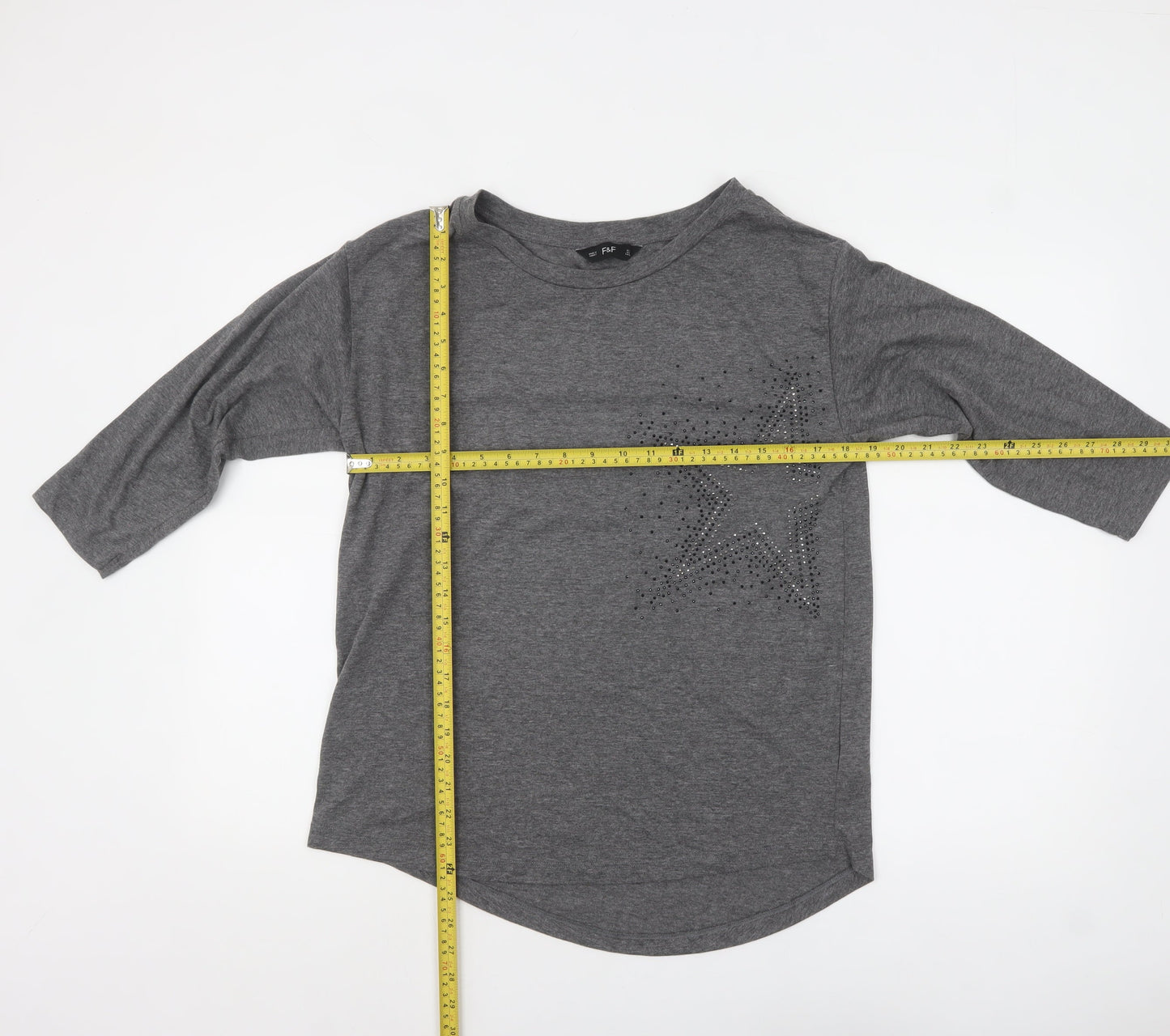 F&F Women’s Grey Rhinestone Star 3/4 Sleeve T-Shirt Size 12