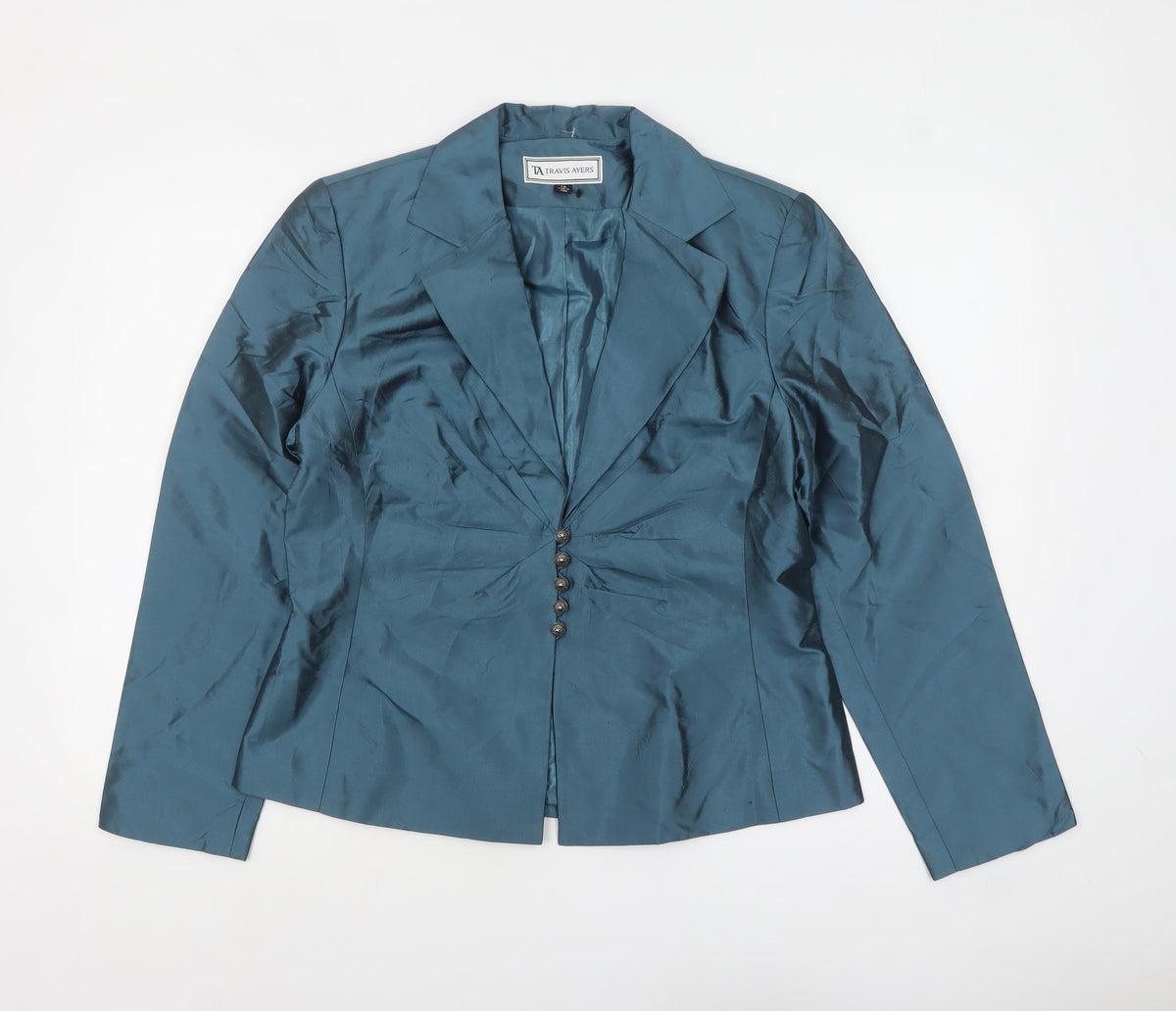 Travis Ayers Women's Blue Silk Blazer Size 12 Five Button Tailored Jacket