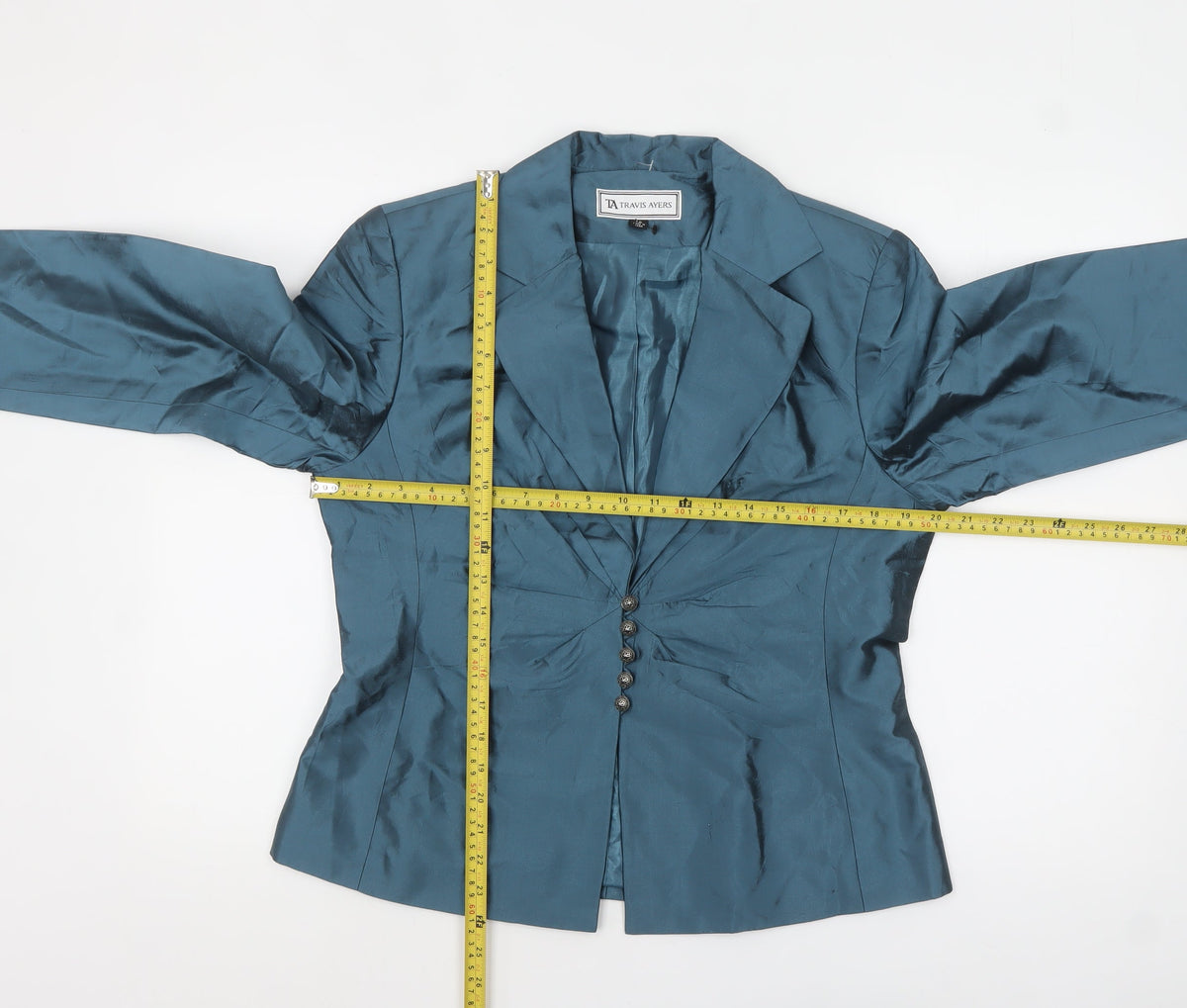 Travis Ayers Women's Blue Silk Blazer Size 12 Five Button Tailored Jacket