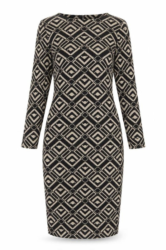 Roman Petite Black Geometric Bodycon Dress Size 8 Women's Midi