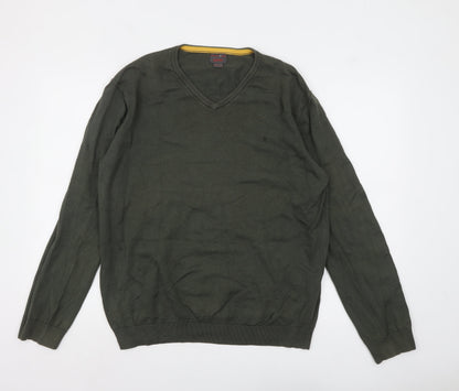 Front view of ESPRIT Men Green Cotton V-Neck Jumper, size L