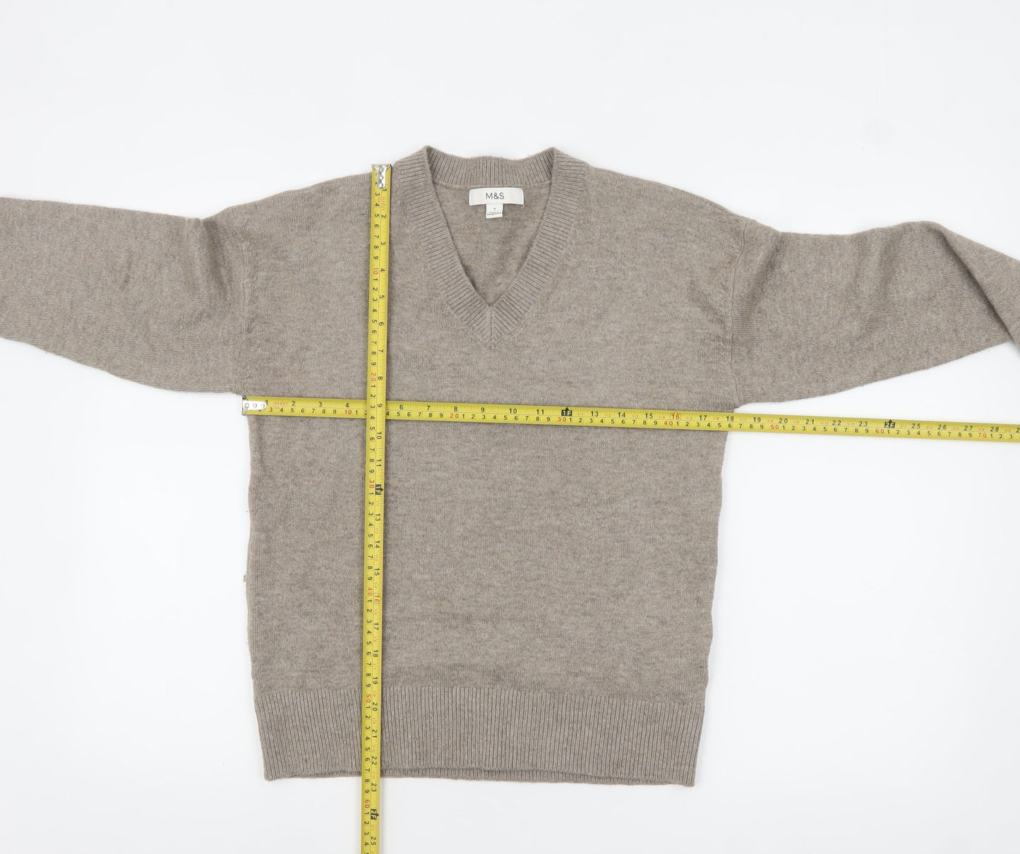 Marks and Spencer Women's Beige V-Neck Jumper Size S Classic Knit