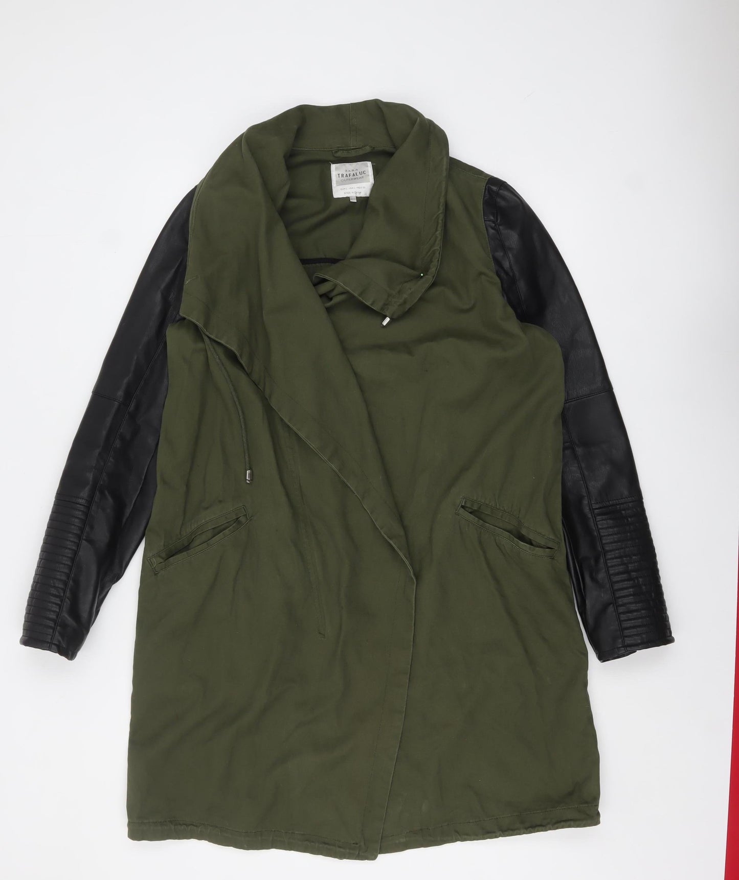 Zara Trafaluc Women’s Green Military Long Coat Size 14 Hooded Faux Leather Sleeves