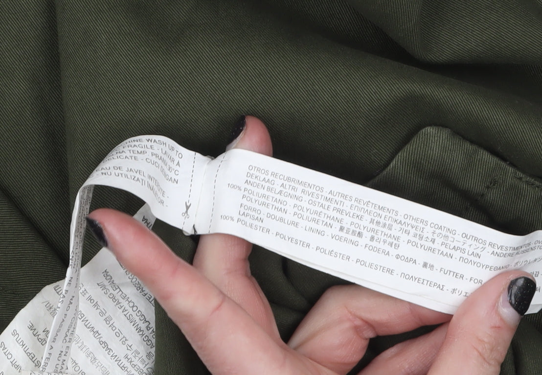 Zara Trafaluc Women’s Green Military Long Coat Size 14 Hooded Faux Leather Sleeves