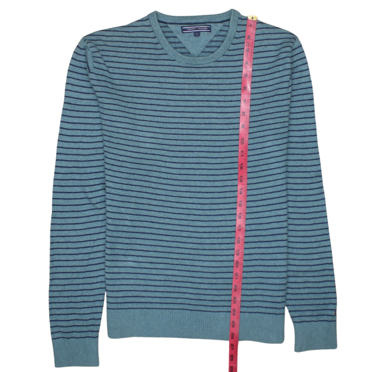 Tommy Hilfiger Men's Blue Striped Cotton Cashmere Crew Neck Jumper L