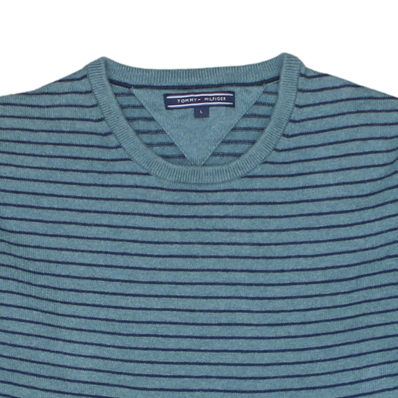 Tommy Hilfiger Men's Blue Striped Cotton Cashmere Crew Neck Jumper L