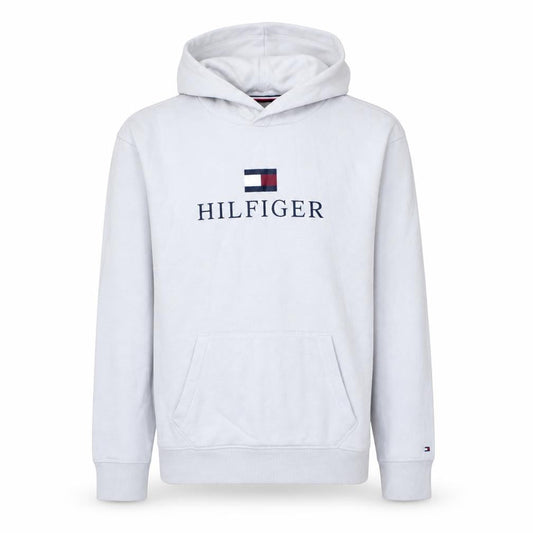 Front view of Tommy Hilfiger boys’ white pullover hoodie 176 logo graphic sweatshirt