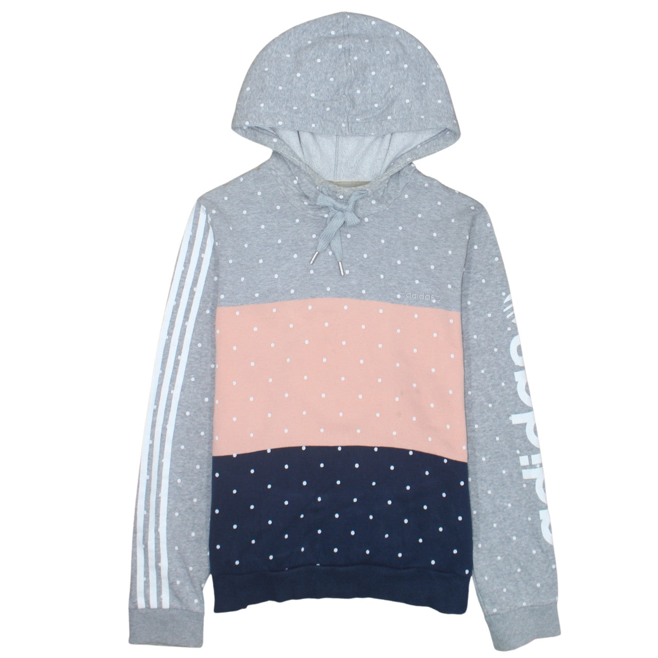 Adidas NEO Womens Grey Pink Navy Polka Dot Hoodie L Pull Over Cotton Blend