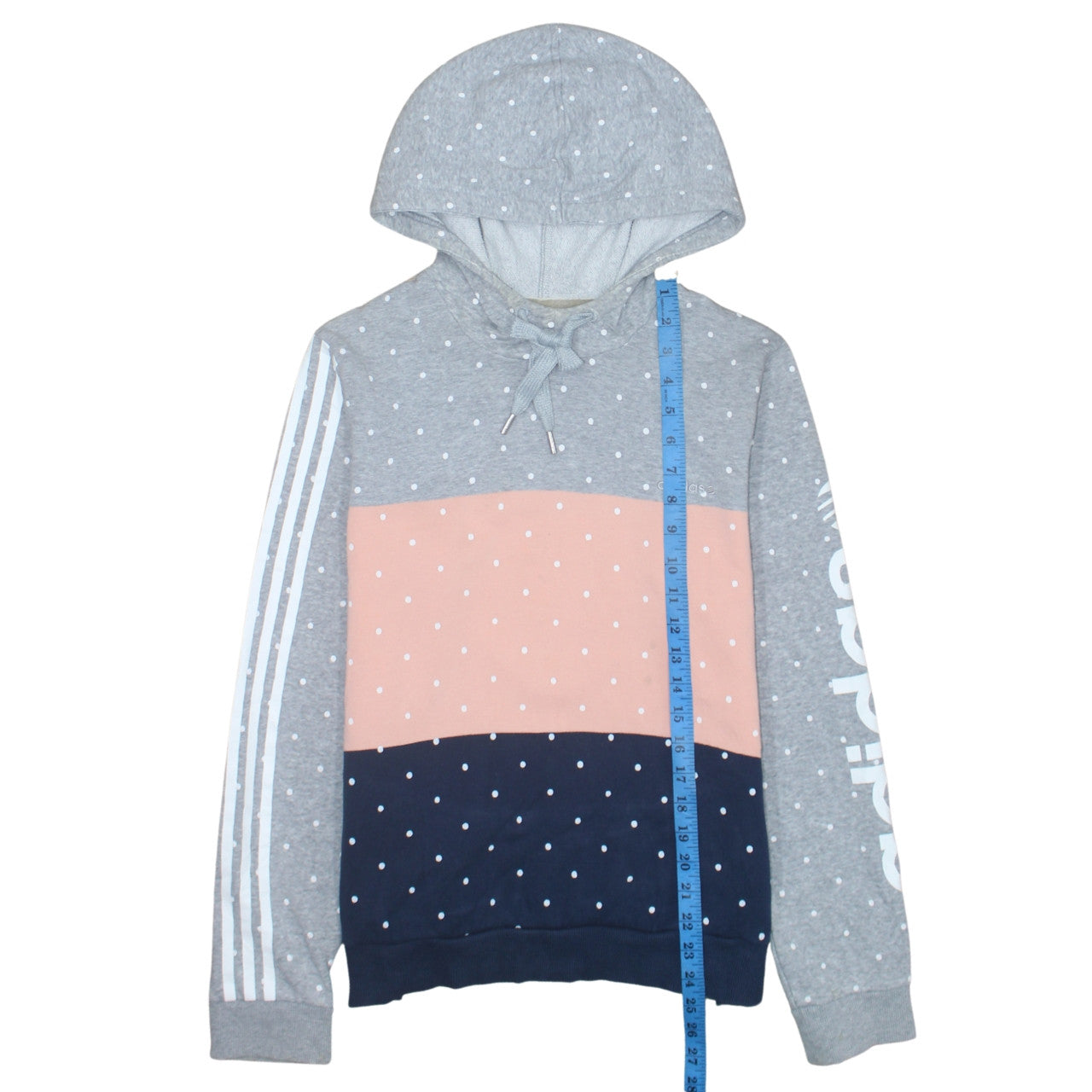 Adidas NEO Womens Grey Pink Navy Polka Dot Hoodie L Pull Over Cotton Blend