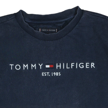 Brand and care label for Tommy Hilfiger boys’ blue 164 pullover sweatshirt embroidered logo