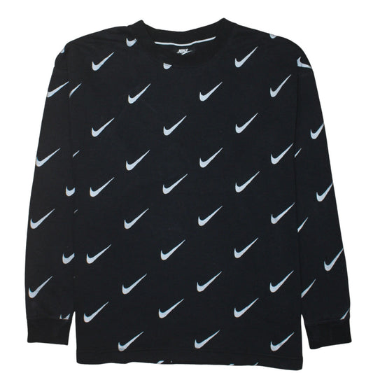 Nike Women’s Black Small Pullover Sweatshirt with All Over Swoosh Logo Print