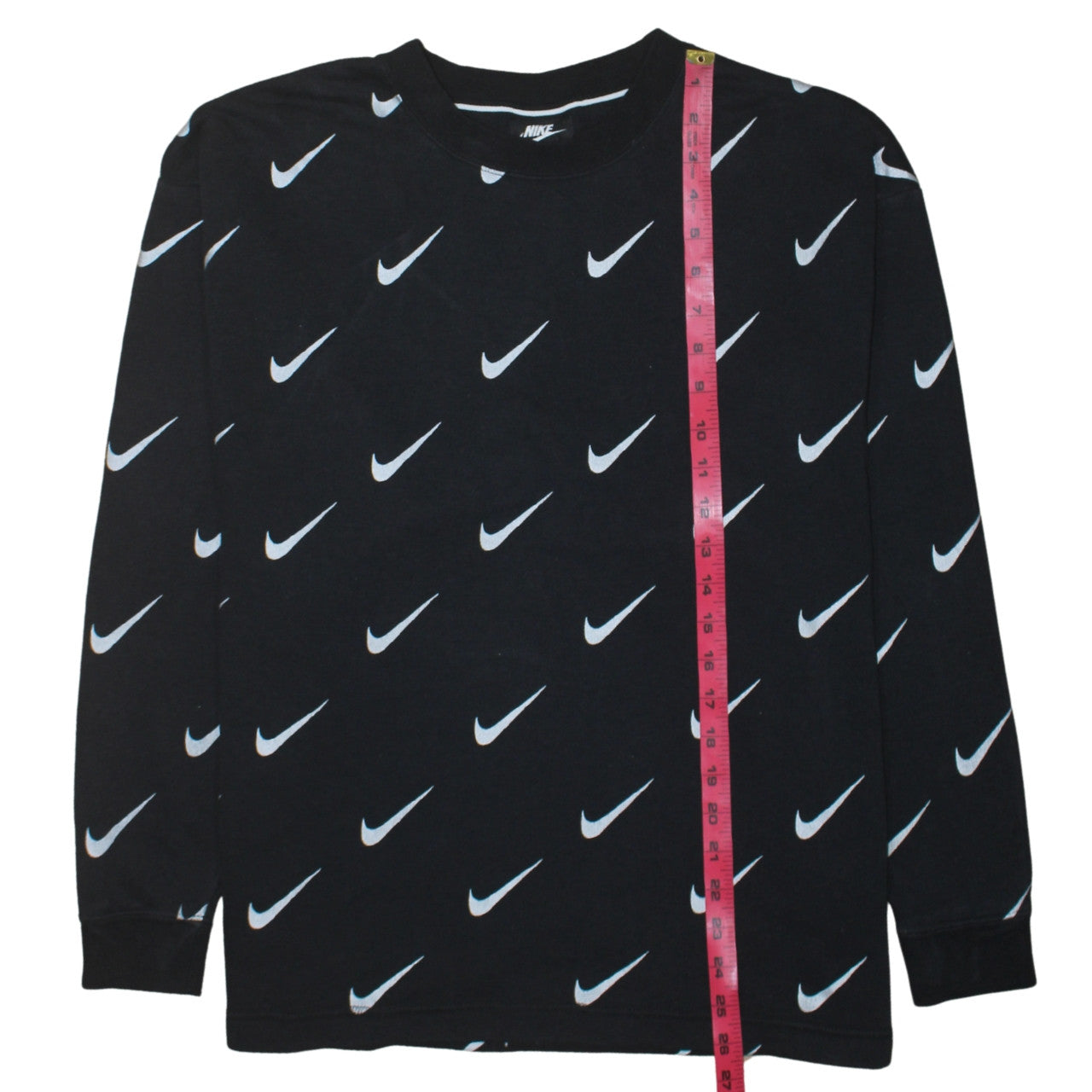 Nike Women’s Black Small Pullover Sweatshirt with All Over Swoosh Logo Print