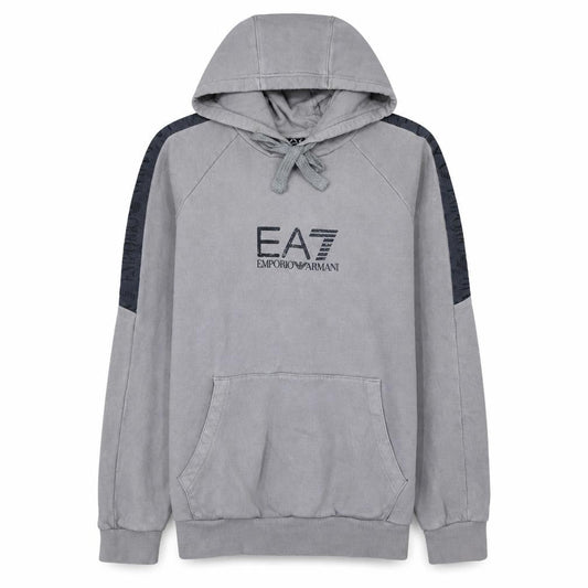 Front view of Emporio Armani EA7 Men's Grey Pullover Hoodie, size L, Designer Fleece