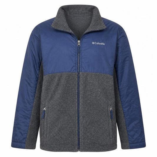Front view of Columbia boys’ blue grey fleece lined puffer jacket, size M, full zip outdoor