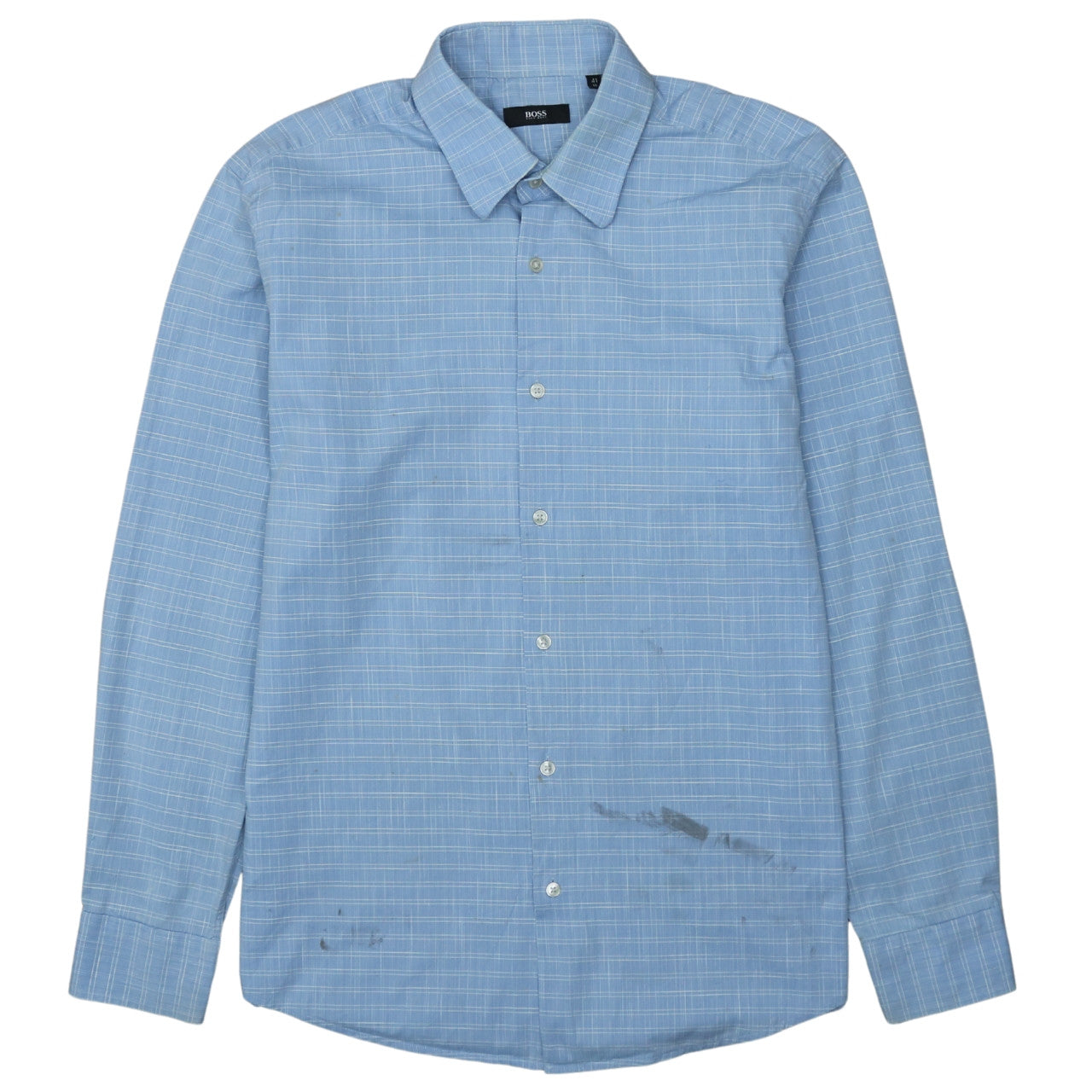 Hugo Boss Men's Blue Checked Long Sleeve Cotton Shirt Size 16 Regular Fit