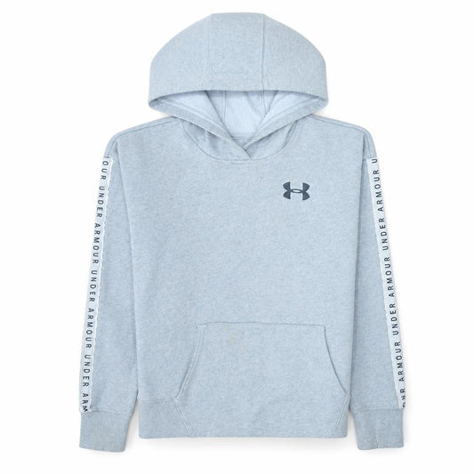 Front view of Under Armour boys’ grey xs pullover hoodie with logo detail
