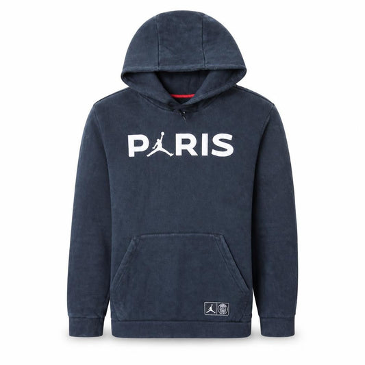 Front view of Jordan Paris men’s blue pullover hoodie, size L, sports fleece