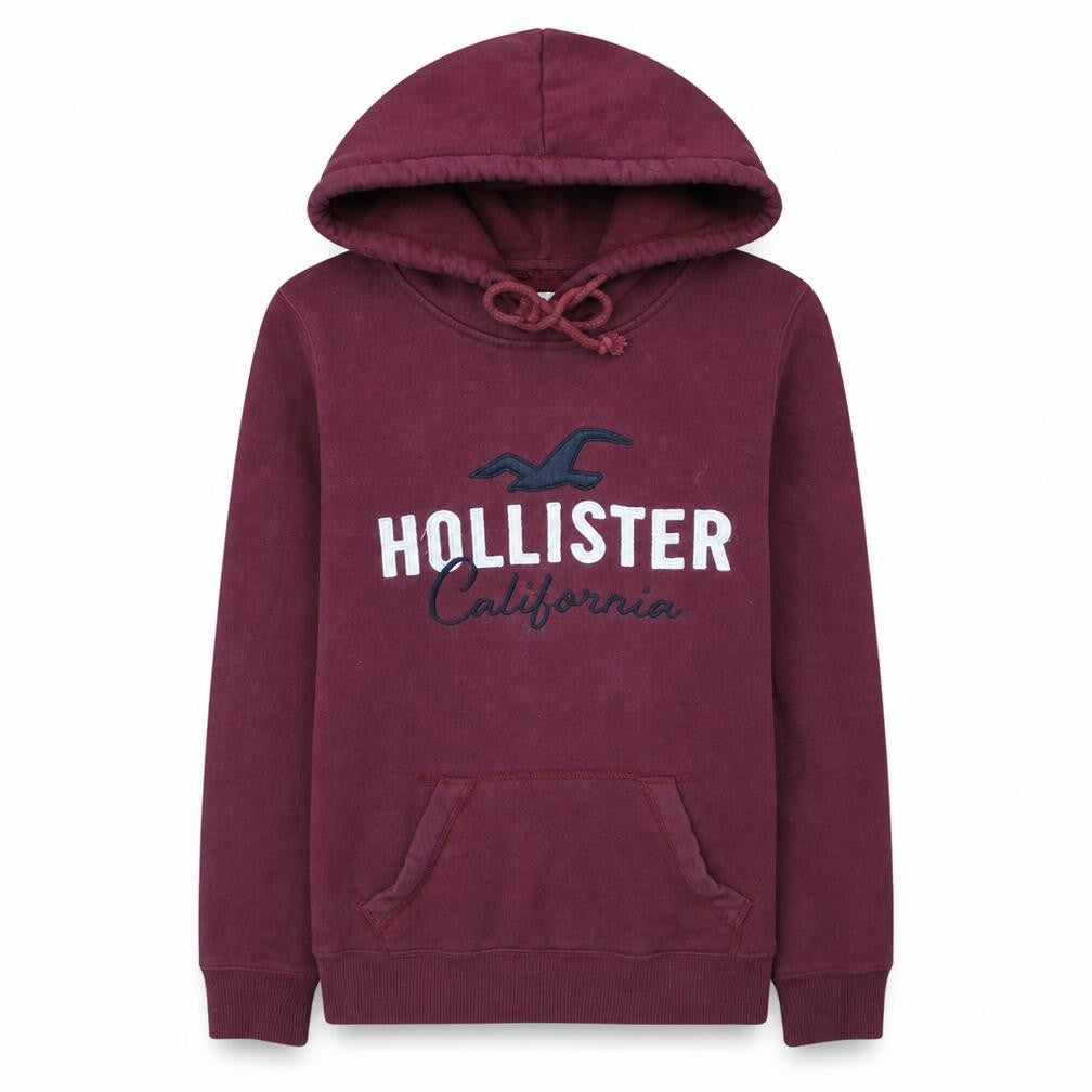 Hollister Men Red Small Pullover Hoodie Logo Fleece Sweatshirt