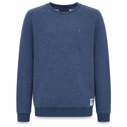 Front view of Tommy Hilfiger boys’ blue cotton crew neck pullover sweatshirt, size 164