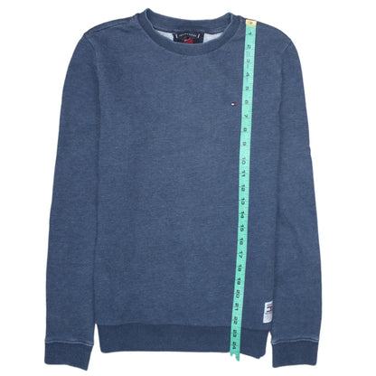 Close-up detail of Tommy Hilfiger boys’ blue cotton crew neck pullover sweatshirt, size 164