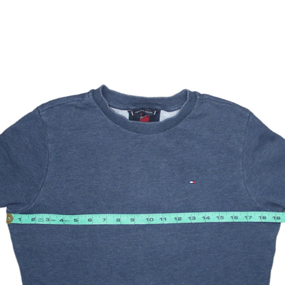 Brand and care label for Tommy Hilfiger boys’ blue cotton crew neck pullover sweatshirt, size 164