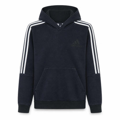 Front view of Adidas boys’ black pullover hoodie 13-14 years classic 3-stripes design