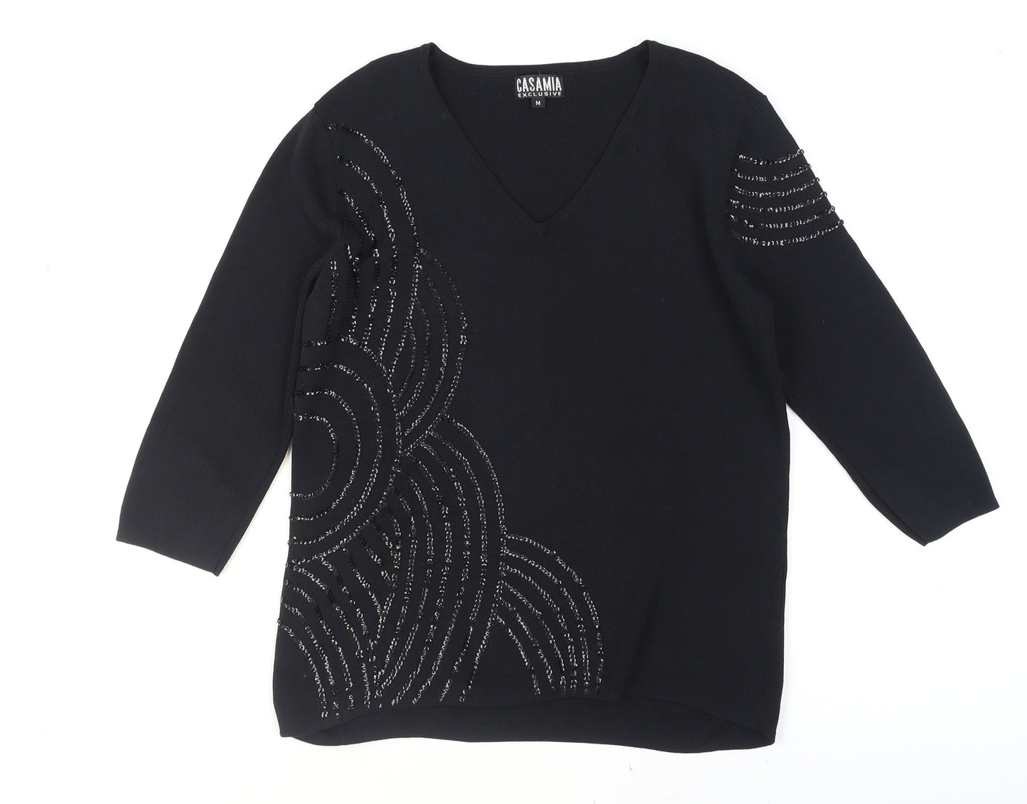 Casamia Women's Black Beaded V-Neck 3/4 Sleeve Pullover Jumper M