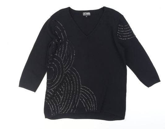 Casamia Women's Black Beaded V-Neck 3/4 Sleeve Pullover Jumper M