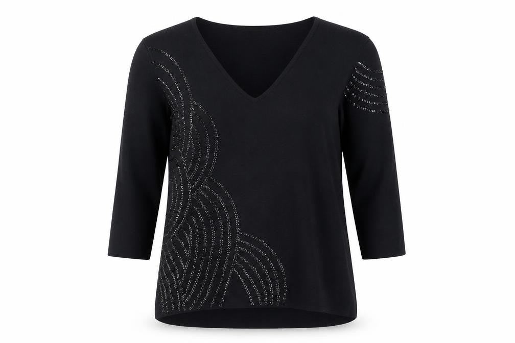Casamia Women's Black Beaded V-Neck 3/4 Sleeve Pullover Jumper M