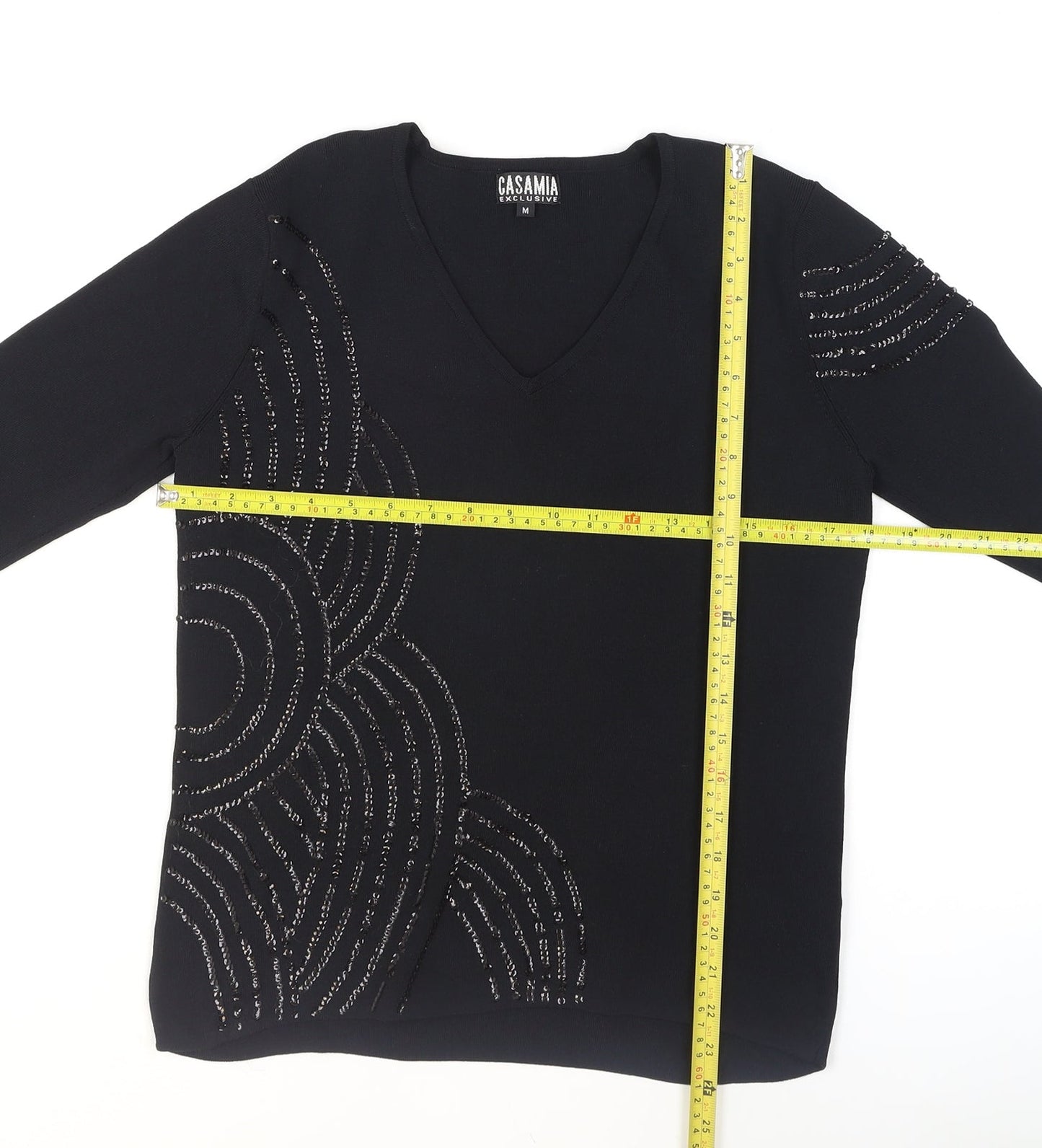 Casamia Women's Black Beaded V-Neck 3/4 Sleeve Pullover Jumper M