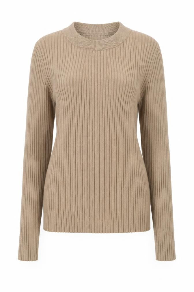 Pieces Womens Beige Ribbed Knit Crew Neck Pullover Jumper XL