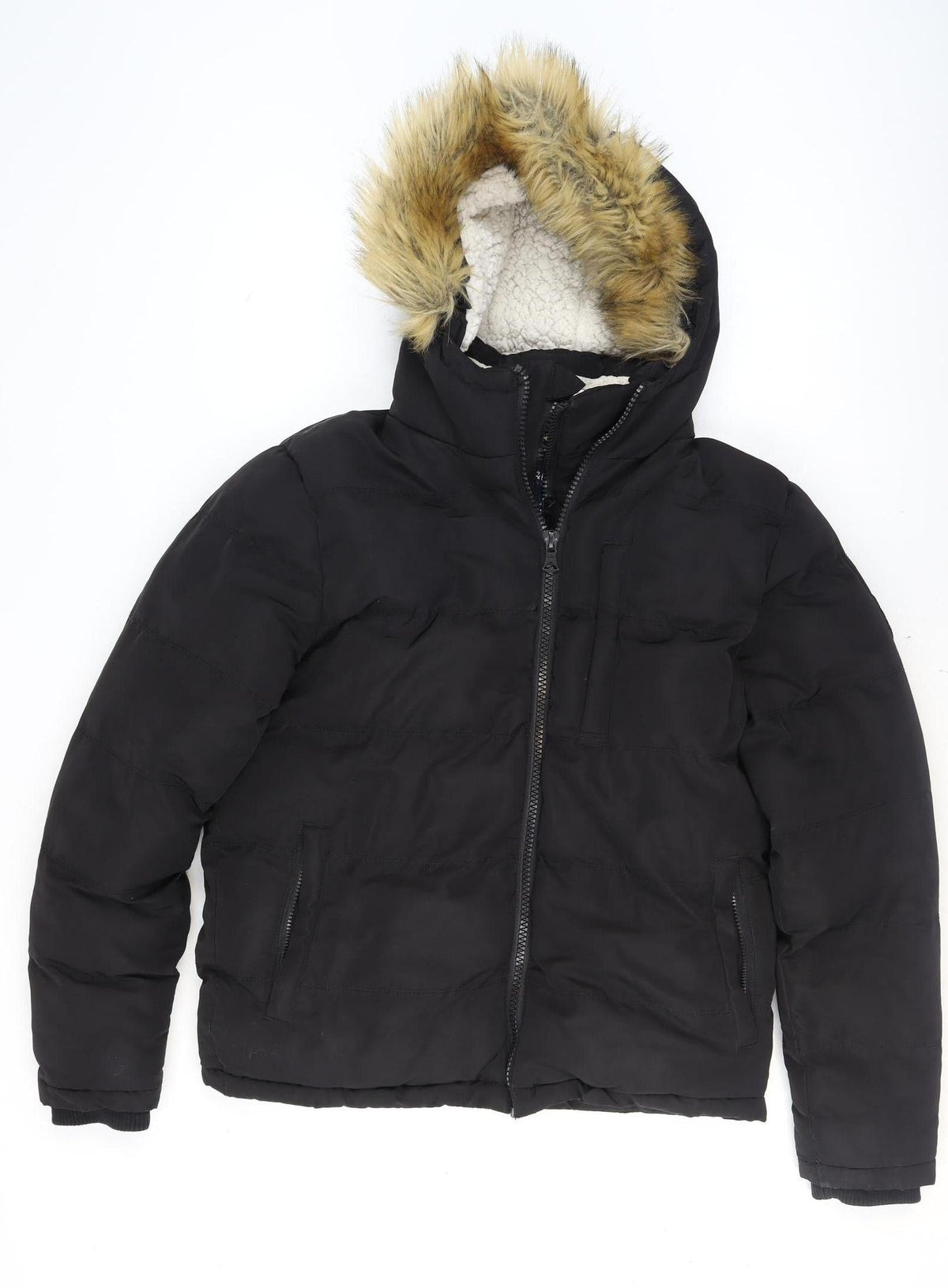SoulCal & Co Boys Black Hooded Faux Fur Trim Puffer Jacket Size S Winter Coat
