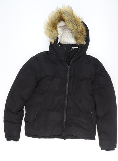 Additional front view of SoulCal boys’ black hooded faux fur trim puffer jacket, size S, winter coat