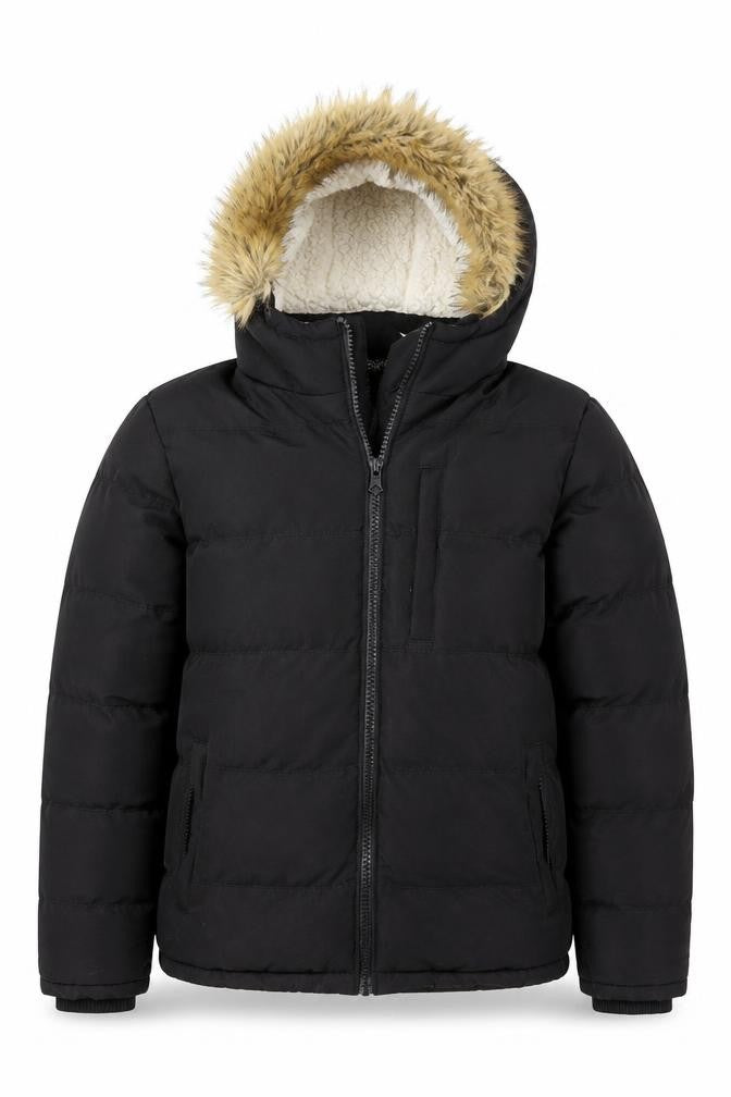 SoulCal & Co Boys Black Hooded Faux Fur Trim Puffer Jacket Size S Winter Coat